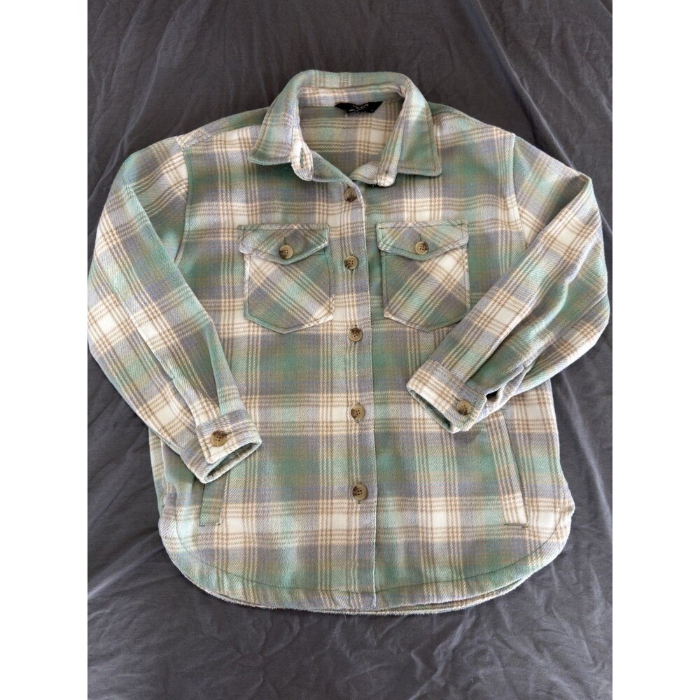 Member's Mark Women’s Shacket Plaid Flannel Button-Up Shirt  Green/White Sz Med